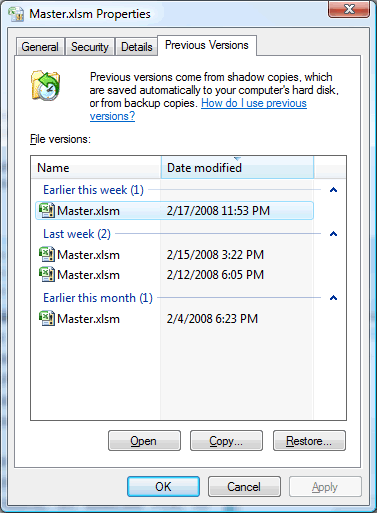 Previous Versions tab in file properties