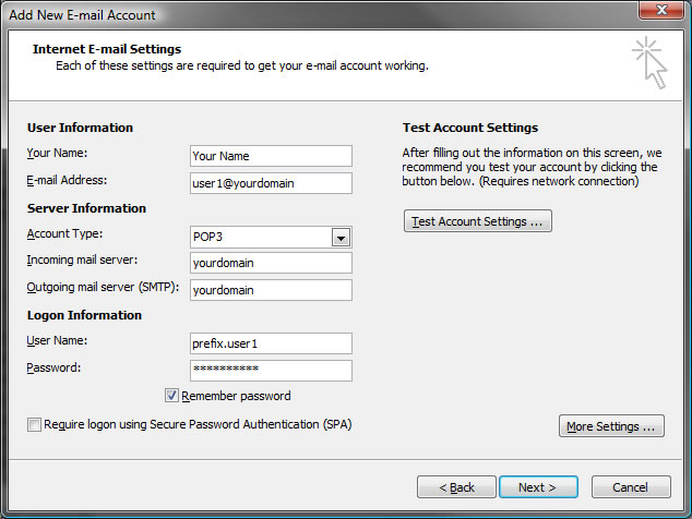 Outlook e-mail account setup dialog