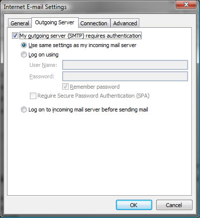 Outlook advanced settings to enable SMTP Authentication