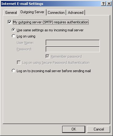 Outlook advanced settings dialog to enable SMTP authentication