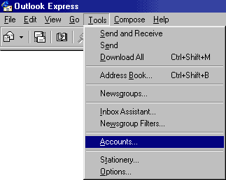 Outlook Express Tools/Accounts menu item