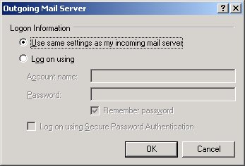 Outlook Express settings dialog to enable SMTP authentication