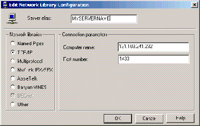 SQL Server client network utility configuration dialog